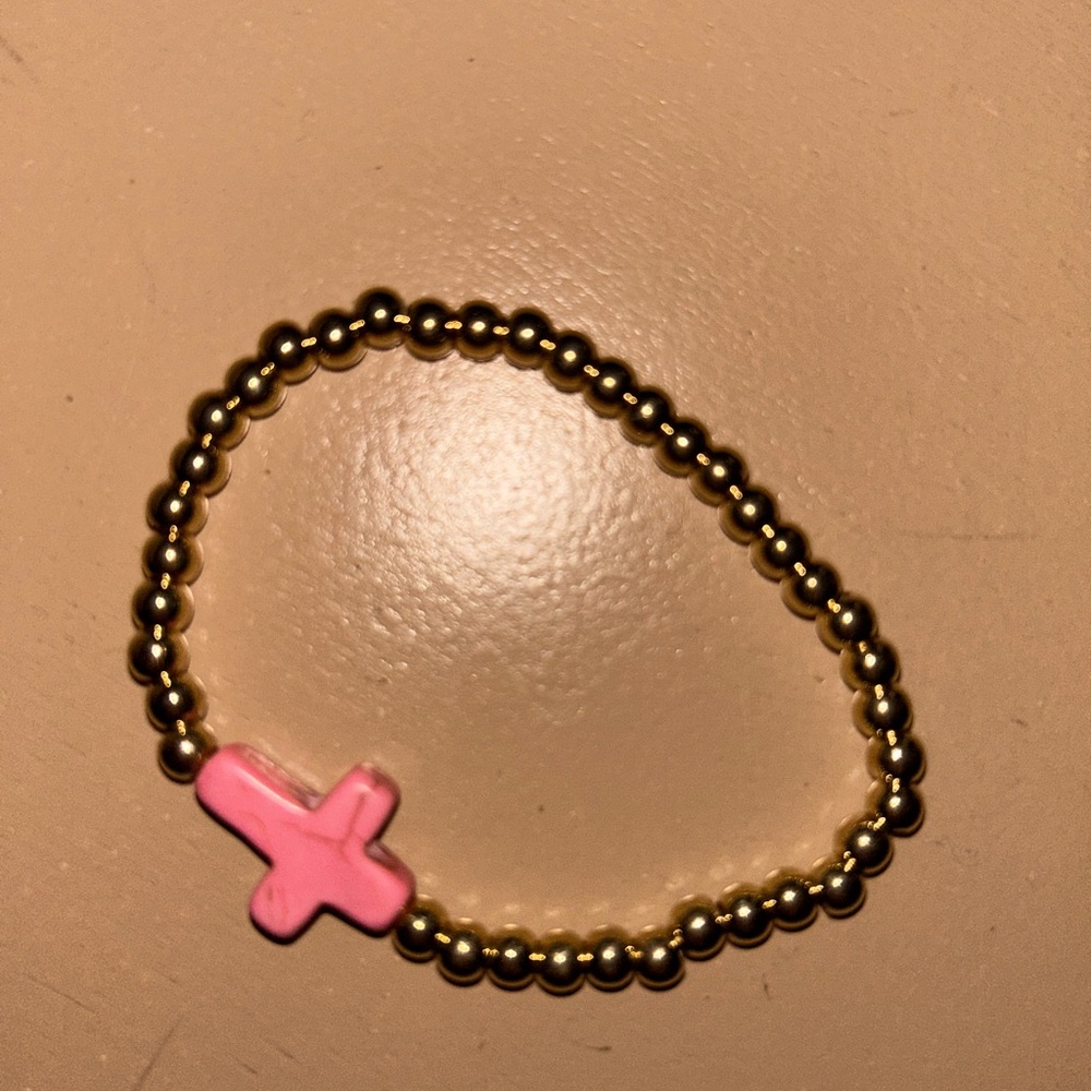 Pink Cross & Gold Bead Bracelet
